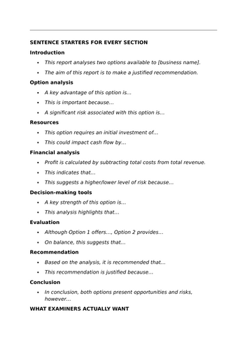 Report Writing - Sentence starters KS5 Btec Business students