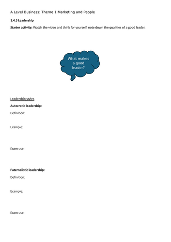 A Level Business Theme 1: 1.4.5 Leadership