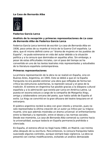 La casa de Bernarda Alba by Federico García Lorca – Reception and Early Performances