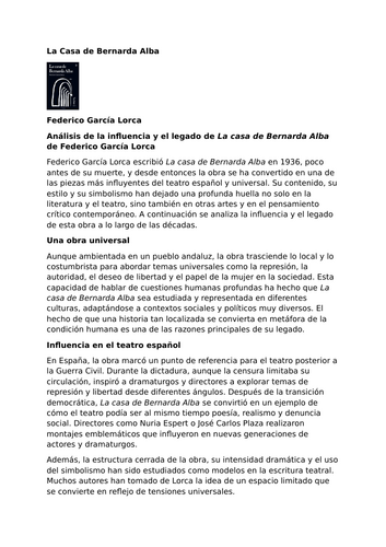 La casa de Bernarda Alba by Federico García Lorca – Influence and Legacy