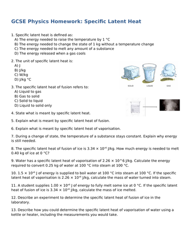 NEW (2016) AQA GCSE Physics - Specific Latent Heat Homework