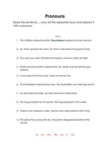 Pronouns – Replacing Repeated Nouns in Sentences (10 Differentiated Worksheets)