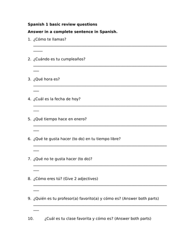 Spanish 1 basic review questions