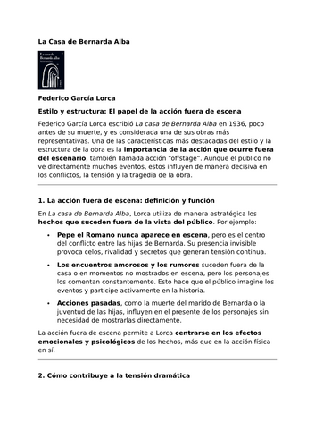 La casa de Bernarda Alba by Federico García Lorca – Style and Structure: The Role of Offstage Action