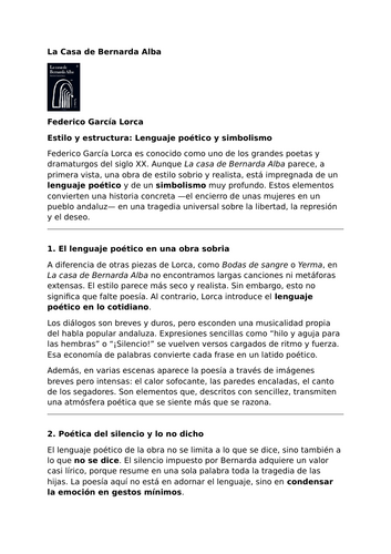 La casa de Bernarda Alba by Federico García Lorca – Style and Structure: Poetic Language