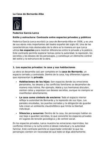 La casa de Bernarda Alba by Federico García Lorca – Style - Private and Public Spaces