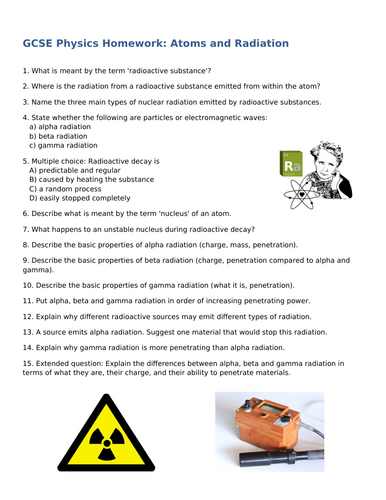 NEW AQA GCSE Physics (2016) - Atoms & Radiation Homework