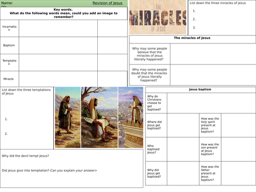 Ks3 Jesus life (birth to the miracles of Jesus) revision task and accompanying assessment.