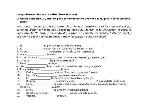 Los quehaceres de casa practice (Present tense)