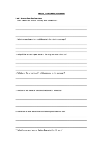 Marcus Rashford FSM Worksheet