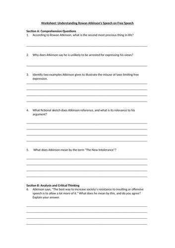 Rowan Atkinson Freedom of Speech Worksheet