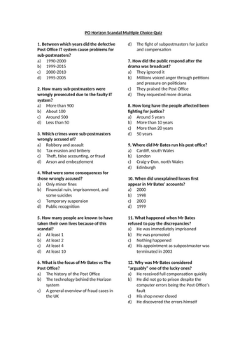 Post Office Horizon Scandal Multiple Choice Quiz