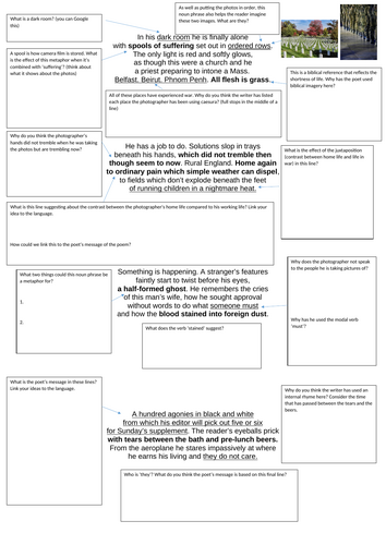 War Photographer worksheet IGCSE English literature