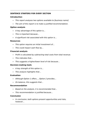 Sentence starters for report writing