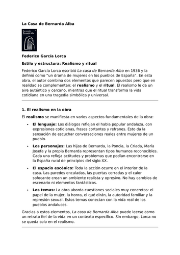 La Casa de Bernarda Alba by Federico García Lorca – Style and Structure: Realism and Ritual