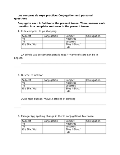 Las compras de ropa practice: Conjugation and personal questions