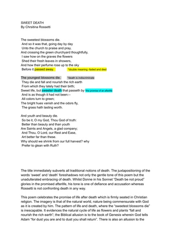 A/ AS LEVEL ENGLISH LITERATURE analysis of "Sweet Death" Christina Rossetti