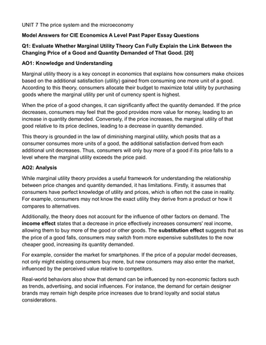 CIE A Level Economics 9708 Essay model answers.Unit 7 Price system and the microeconomy