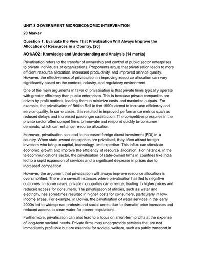 Cambridge A Level Economics 9708 Essay Pack .Unit 8 Government microeconomic intervention