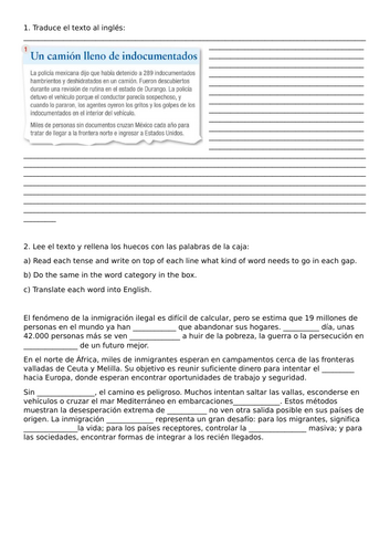 La inmigración- whole unit, PPT with listening, reading, translation and writing plus answers