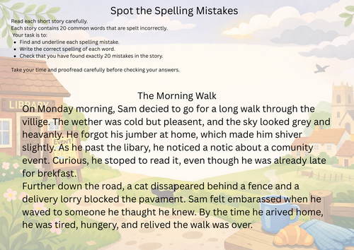 The Morning Walk – Spot the Spelling Mistakes (UK English)  PDF | Spelling & Proofreading