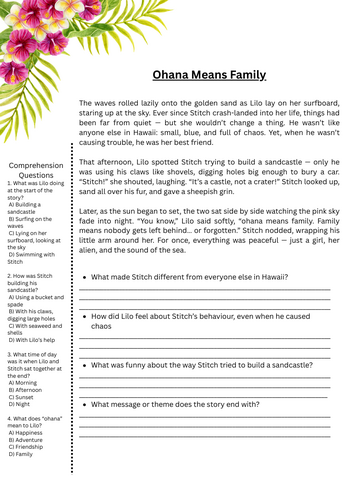 Ohana Means Family – Reading Comprehension (Lilo & Stitch Inspired)