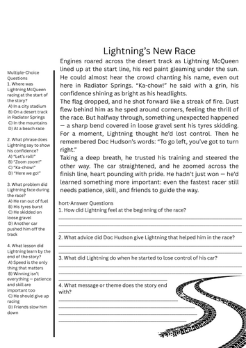 Lightning McQueen inspired – 60 Second Reading Comprehension