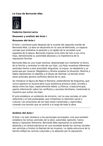 La Casa de Bernarda Alba by Federico García Lorca – Summary and Analysis of Act I