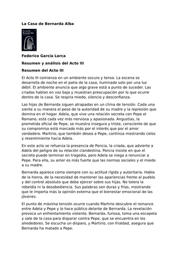 La Casa de Bernarda Alba by Federico García Lorca – Summary and Analysis of Act III