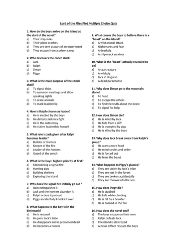 Lord of the Flies Plot Multiple Choice Quiz