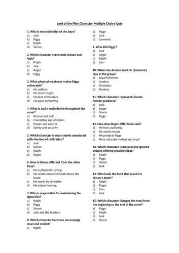 Lord of the Flies Character Multiple Choice Quiz