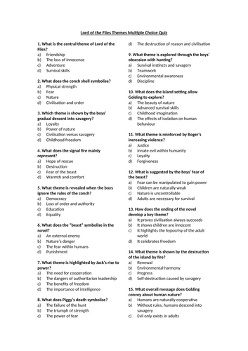 Lord of the Flies Themes Multiple Choice Quiz