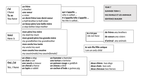 Family and pets sentence builder French