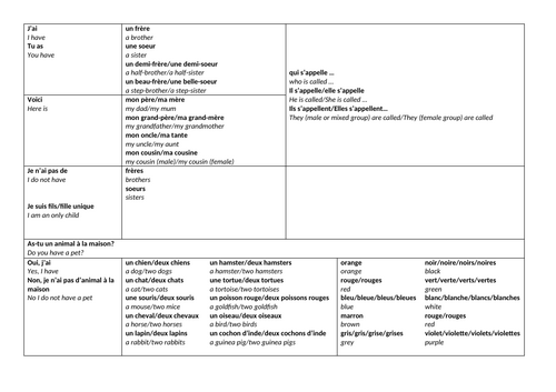 Family and pets sentence builder French