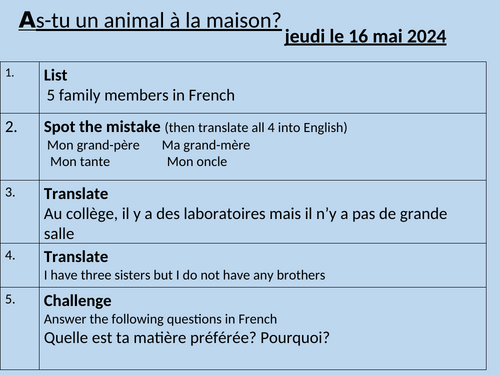 Full lesson - pets - French including Conti
