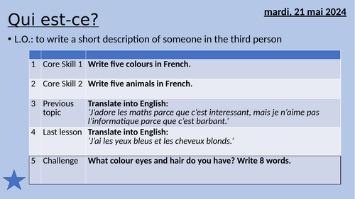 Physical descriptions - hair and eyes - French - including sentence builder