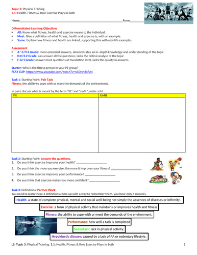 GCSE PE Edexcel (2016 Spec) Topic 3: 3.1. Health, Fitness & Role Exercise Plays in Both