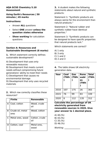 AQA GCSE Chem Using Resources MCQ Test
