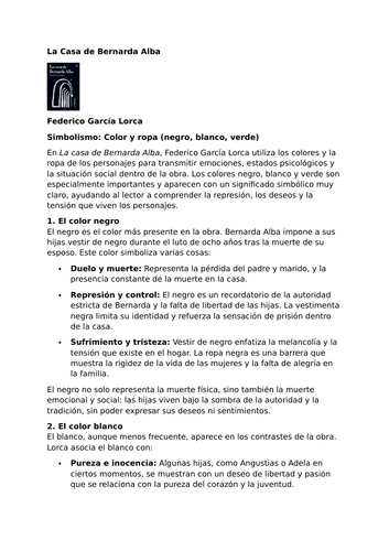La Casa de Bernarda Alba by Federico García Lorca – Symbolism: Colour and Clothing