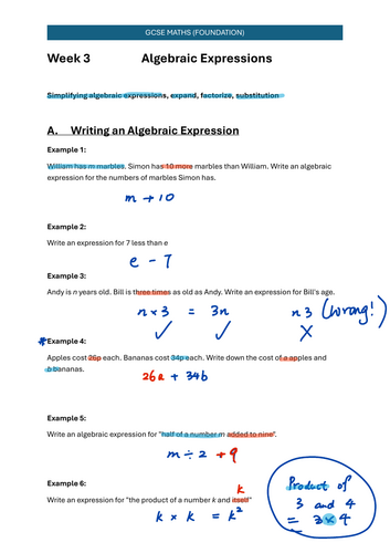 GCSE (Foundation) Mathematics - Week 3 Algebraic Expressions