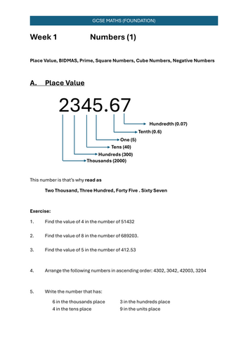GCSE (Foundation) Mathematics - Week 1 Numbers(1)