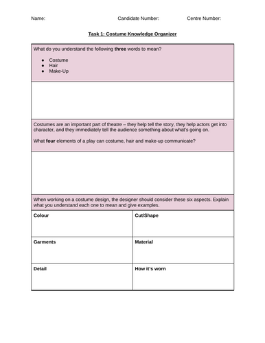 GCSE Drama Costume Design Assessment Work Booklet (Eduqas/WJEC/AQA)