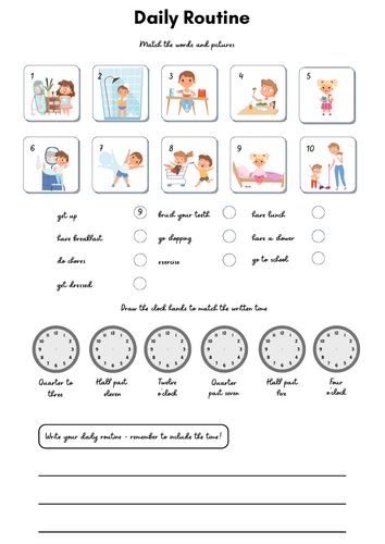 A1 ESL Daily Routine Worksheets | Telling the Time & Expressing Routine