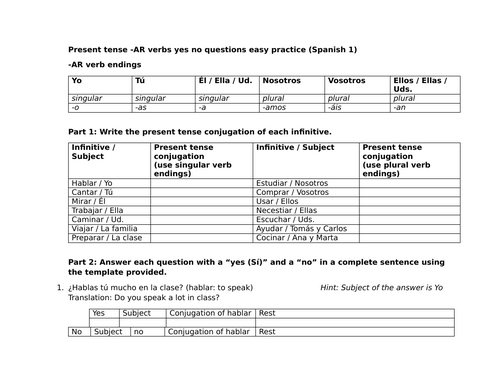 Present tense -AR verbs yes no questions easy practice (Spanish 1)