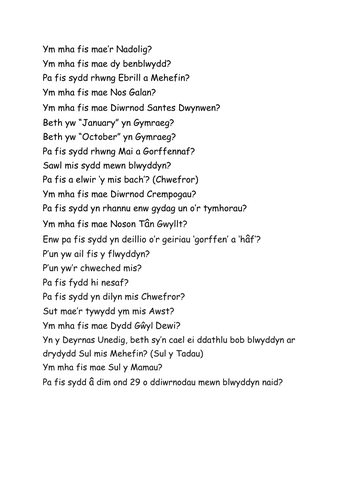 DYSGU CYMRAEG: ADNODD TIWTORIAID: Cwis "Misoedd y Flwyddyn"