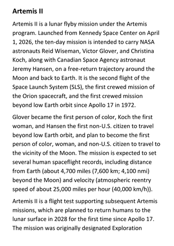 Artemis II Handout
