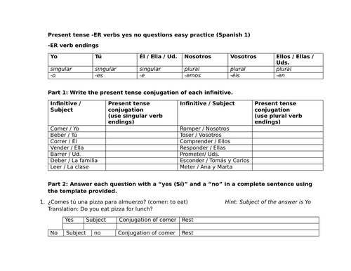 Present tense -ER verbs yes no questions easy practice (Spanish 1)
