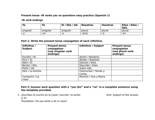 Present tense -IR verbs yes no questions easy practice (Spanish 1)