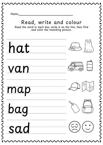 CVC read, write and colour worksheet