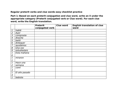 Regular preterit verbs and clue words easy checklist practice